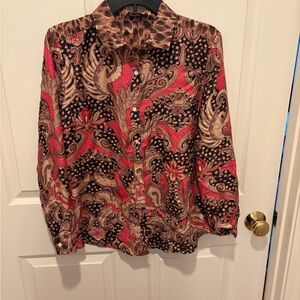 Vintage Inspired Paisley and Animal Print Button-Up Blouse in Red, Black & Tan
